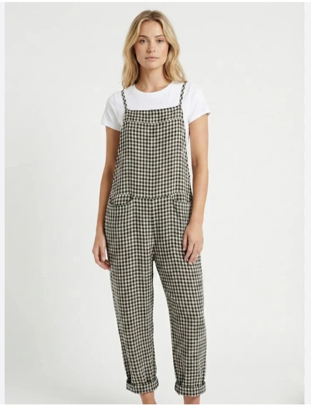 Gingham Overalls Lightweight Black White Large Casual Coastal Gardener Granola